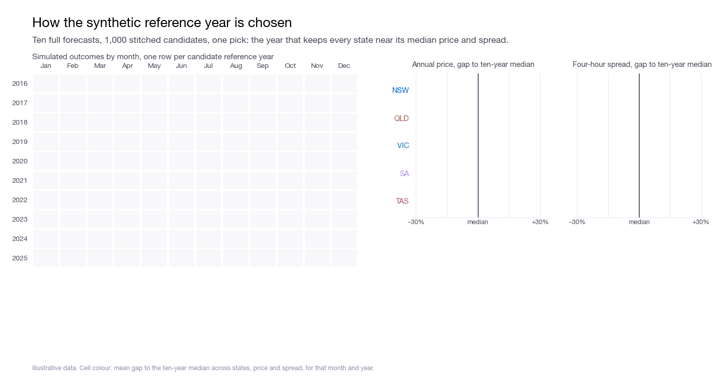 Animation of the synthetic reference year selection: run ten candidate forecasts, sample synthetic years, rank by largest state gap to the median, select the best