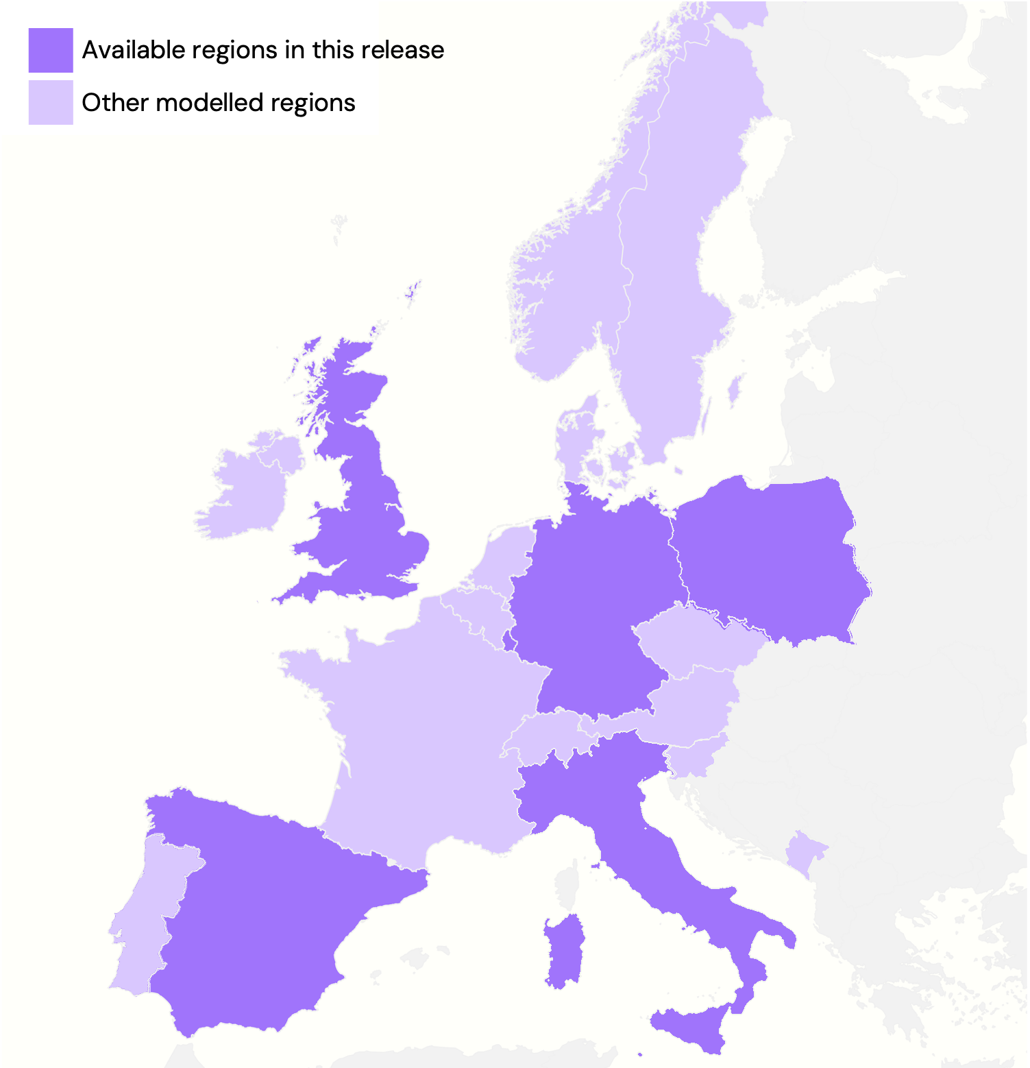 Map of modelled European regions. Detailed pricing forecasts are available in this release for Great Britain, Germany, Spain, Italy, and Poland; other regions are modelled to capture interconnected market dynamics.