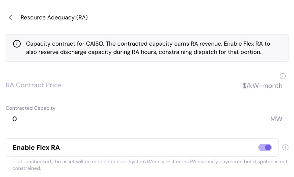 Resource Adequacy settings showing RA contract price, contracted capacity, and Enable Flex RA toggle